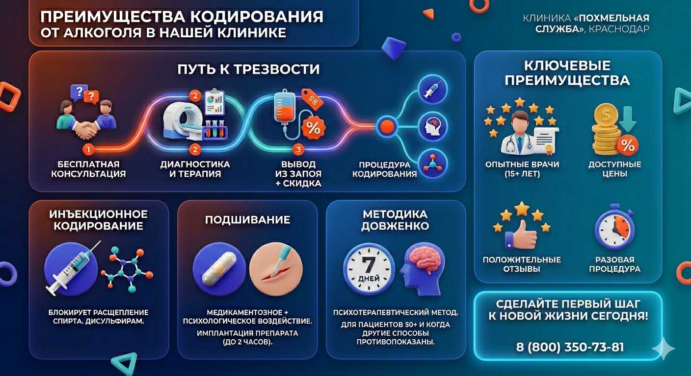 Инфографика о методах кодирования от алкоголя в Похвистнево: инъекции, подшивание, метод Довженко. Преимущества клиники и этапы лечения.