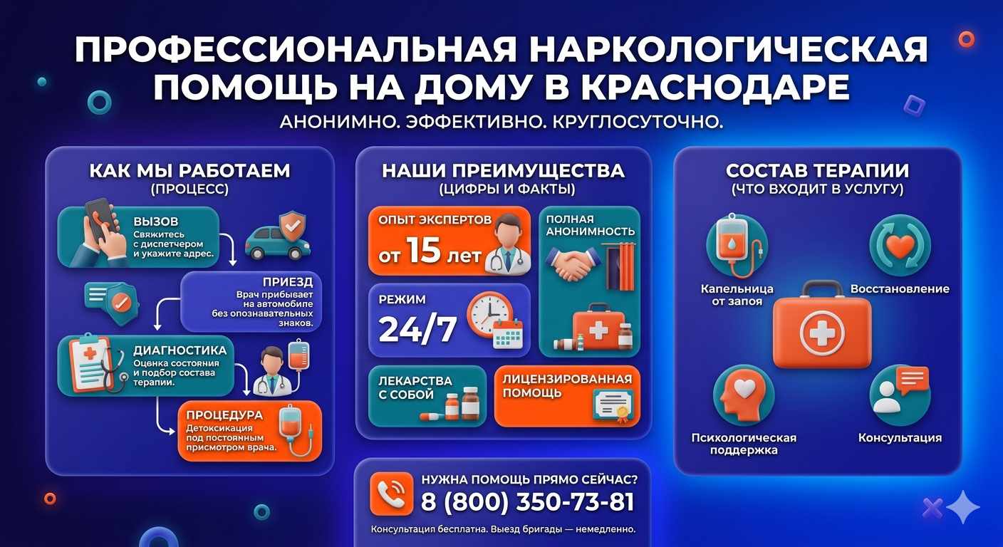 Инфографика о принципах лечения алкоголизма на дому в Похвистнево: этапы вызова нарколога, преимущества анонимной детоксикации и состав медицинской помощи.